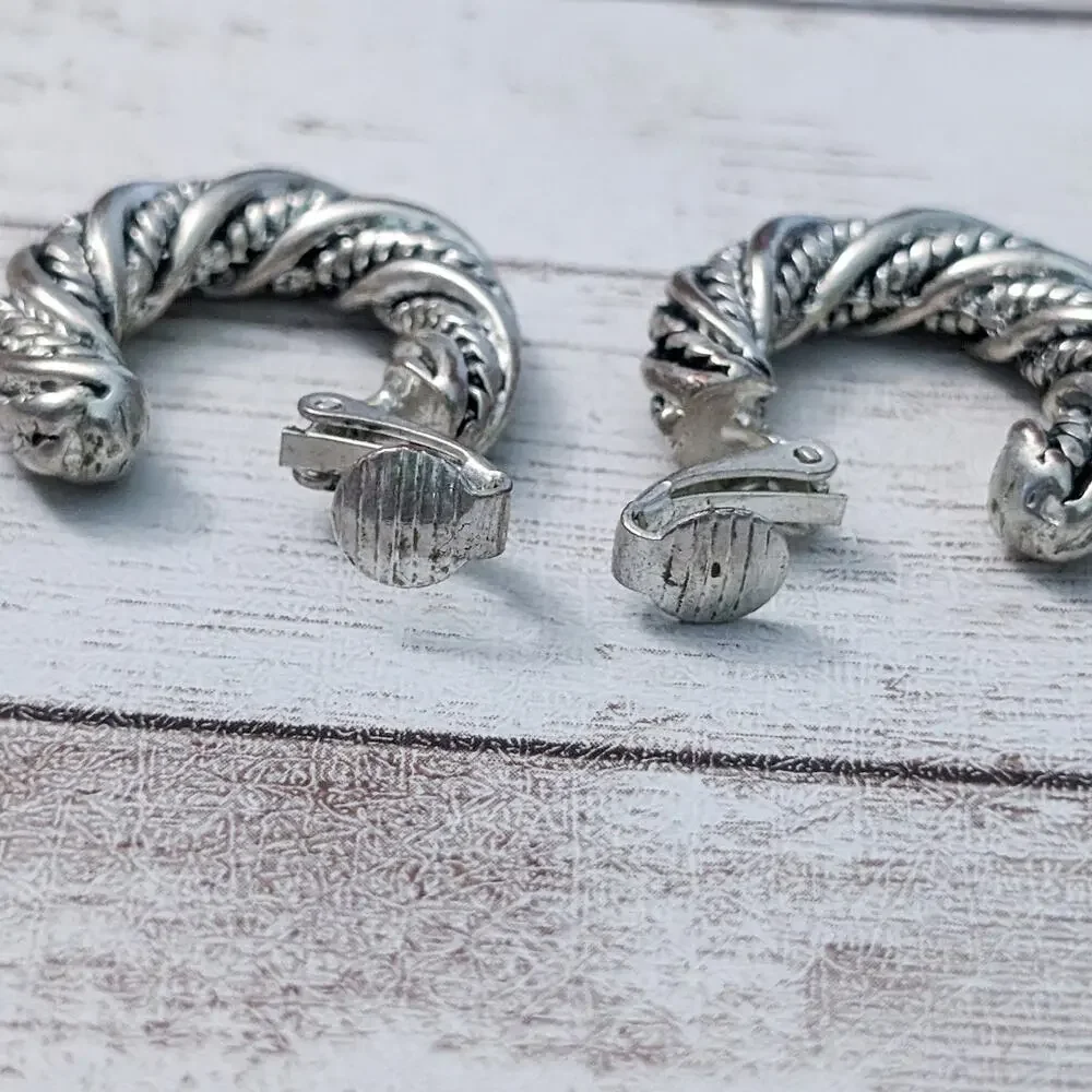 Vintage Clip On Earrings Silver Tone Twisted Rope Style Hoops - Some Tarnish